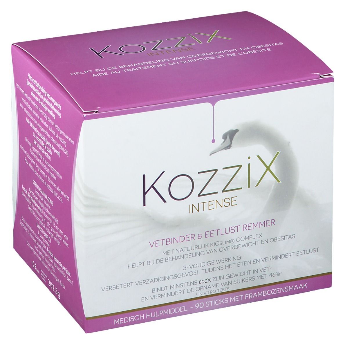 Kartonverpackung von Kozzix Intense. Rosa-weißes Design mit Produktnamen und Schwan-Logo. Enthält 90 Sticks.