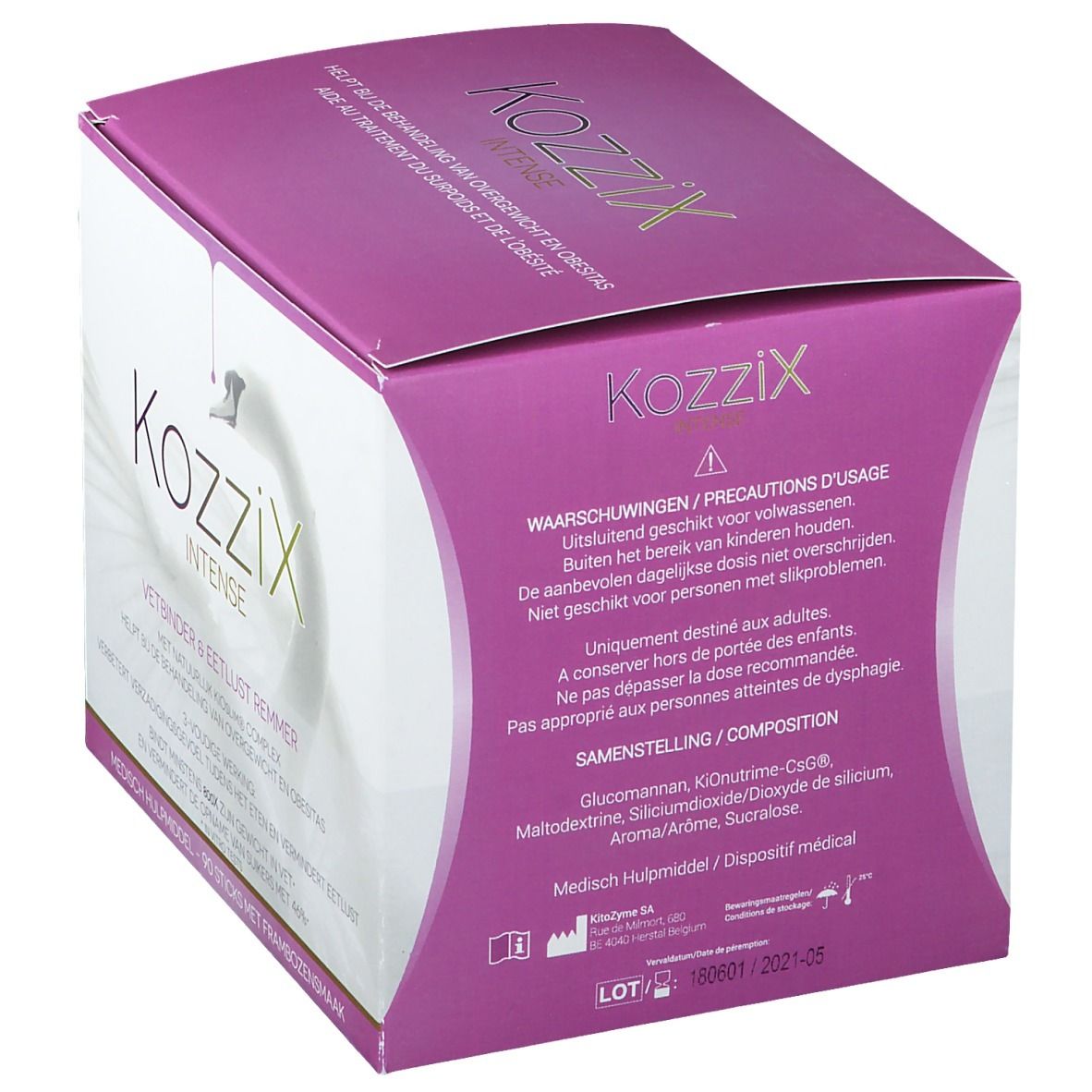 Kartonverpackung von Kozzix Intense. Rosa-weißes Design mit Produktnamen und Schwan-Logo. Enthält Inhaltsstoffe und Warnhinweise.
