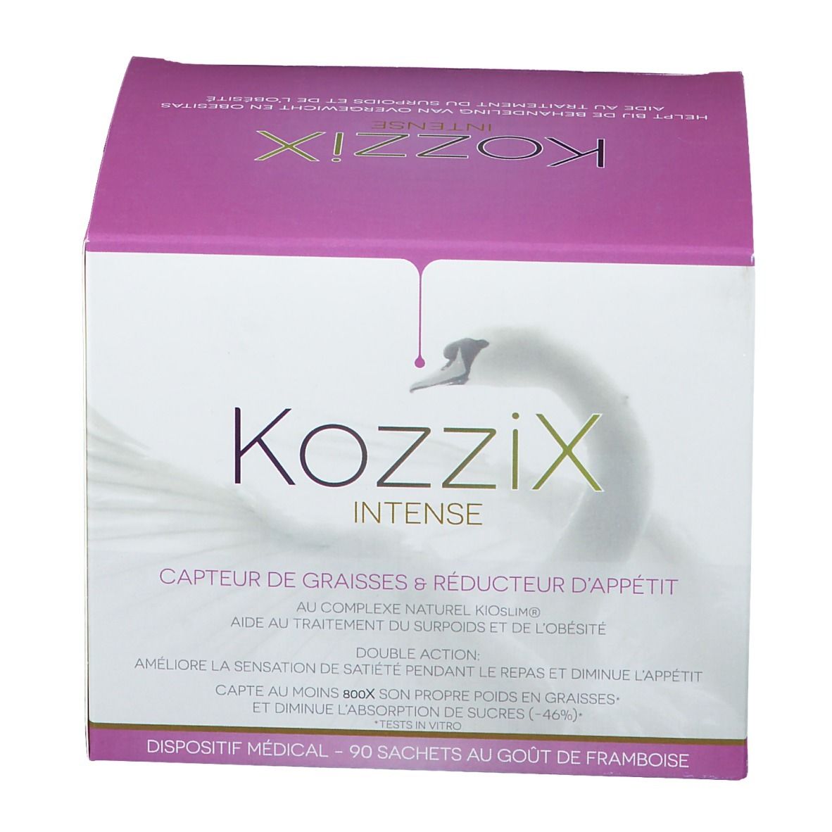 Kartonverpackung von Kozzix Intense. Rosa-weißes Design mit Produktnamen und Schwan-Logo. Enthält 90 Beutel.