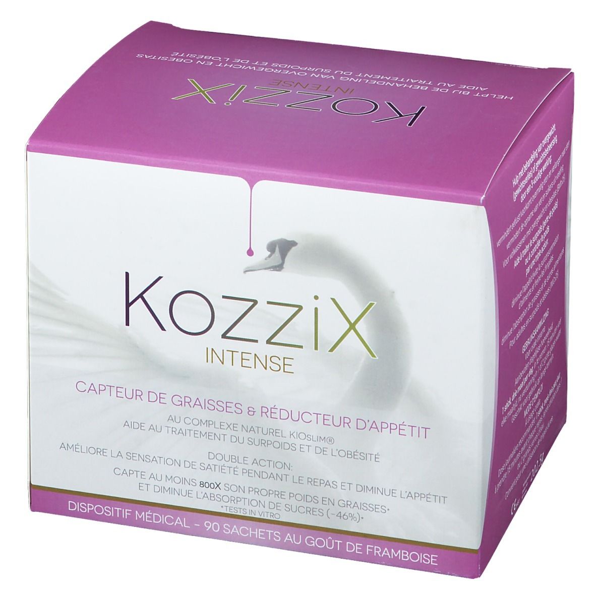 Kartonverpackung von Kozzix Intense. Rosa-weißes Design mit Produktnamen und Schwan-Logo. Enthält 90 Beutel.