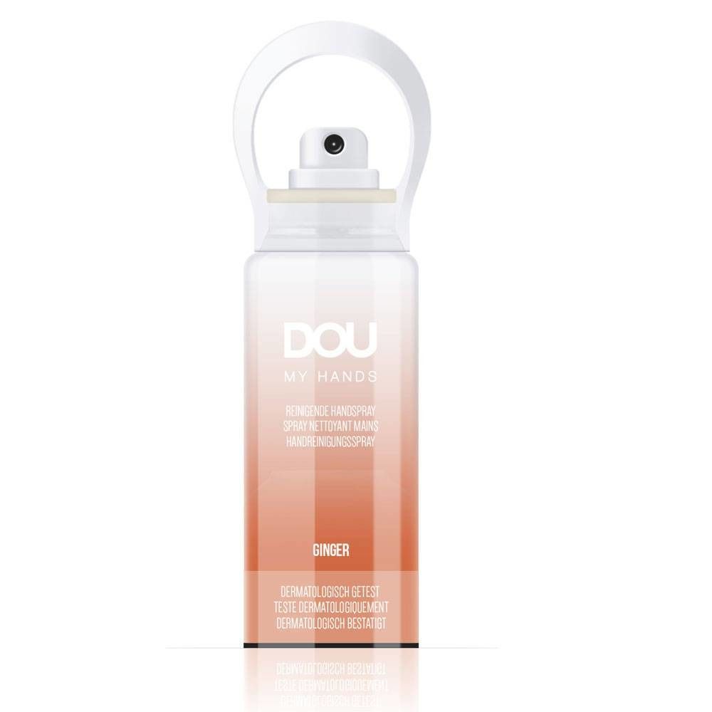 Handreinigungsspray mit weißem Sprühkopf und Griff. Aufschrift: DOU MY HANDS, Ingwer. Dermatologisch getestet.