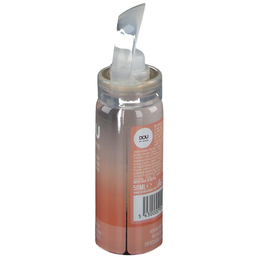 Handreinigungsspray, transparente Flasche mit Sprühkopf. Aufschrift: DOU MY HANDS, 50ml. Barcode.