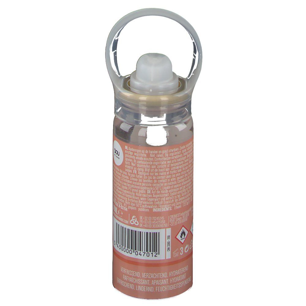 Handreinigungsspray, transparente Flasche mit Sprühkopf und Griff. Aufschrift: DOU MY HANDS. Barcode.