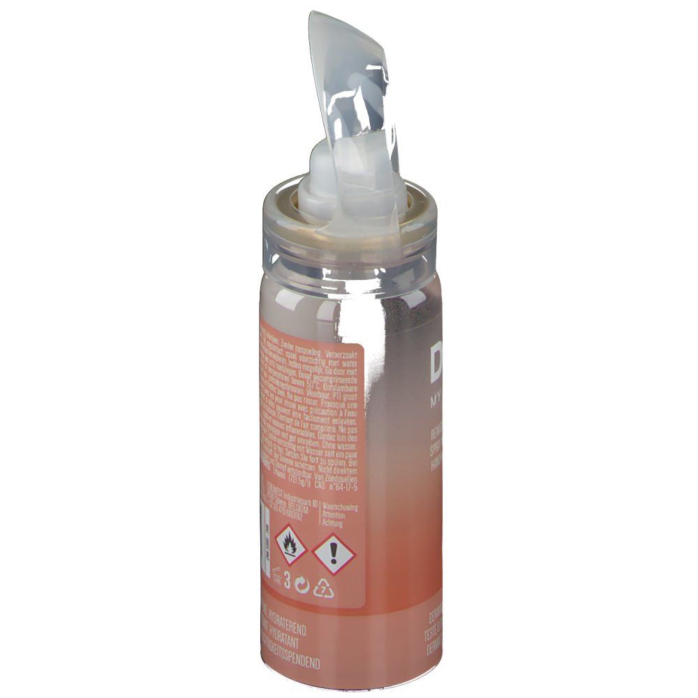 Handreinigungsspray, transparente Flasche mit Sprühkopf. Aufschrift: DOU MY HANDS. Warnhinweise.