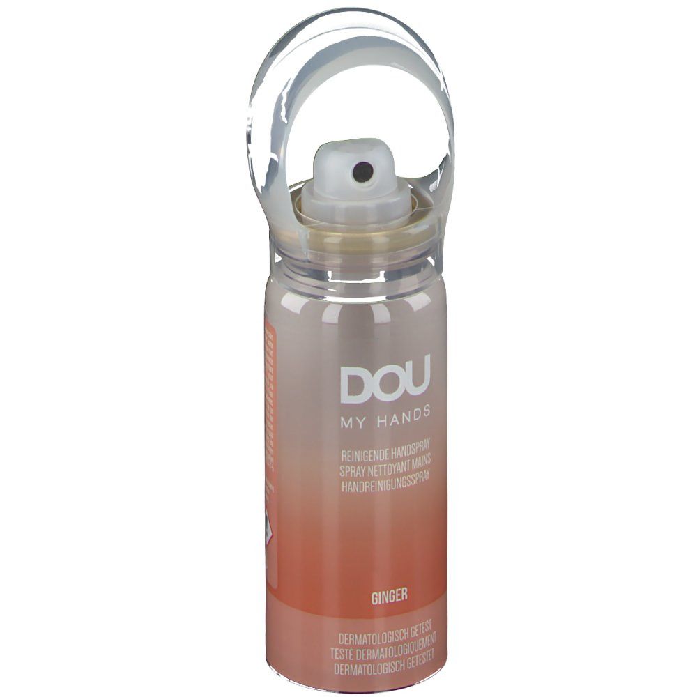 Handreinigungsspray mit weißem Sprühkopf und Griff. Aufschrift: DOU MY HANDS, Ingwer. Dermatologisch getestet.