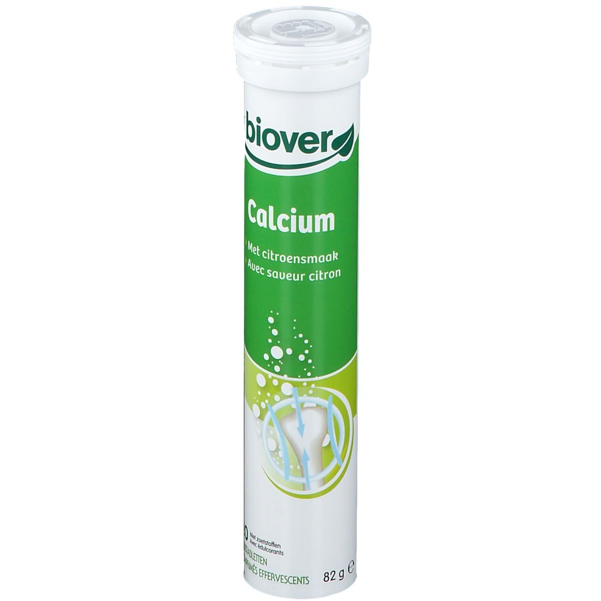 Tube de comprimés effervescents avec nom du produit et saveur citron. Design vert et blanc.