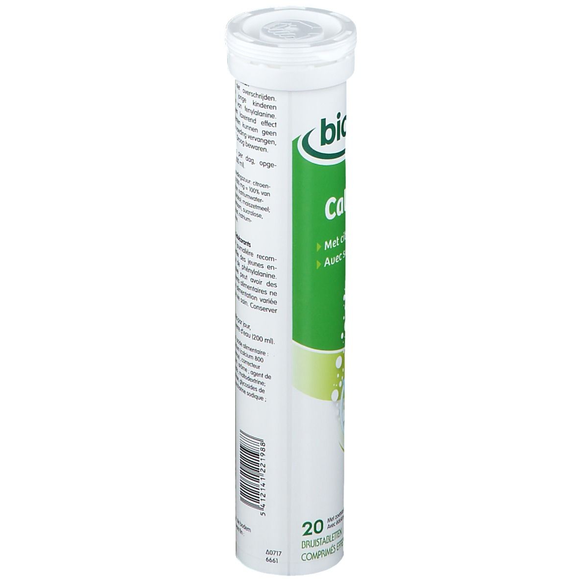 Tube de comprimés effervescents avec nom du produit et 20 comprimés. Design vert et blanc.