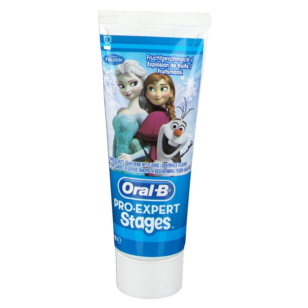 Tube de dentifrice. Tube blanc et bleu avec personnages de La Reine des Neiges et logo Oral-B Pro-Expert Stages.
