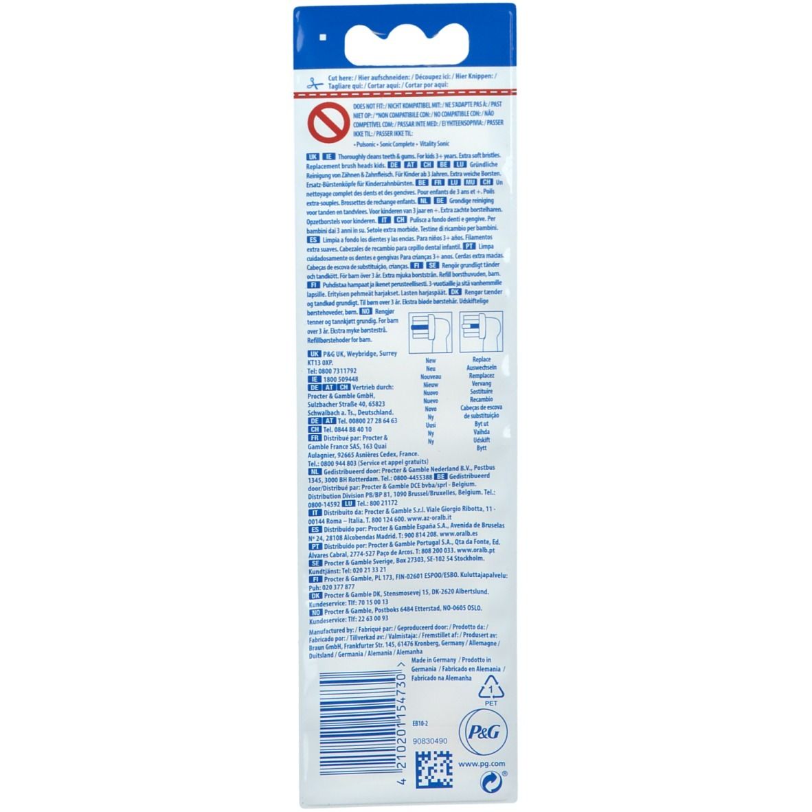 Dos de l'emballage des recharges de brosse à dents. Texte multilingue, informations fabricant, symboles de recyclage.