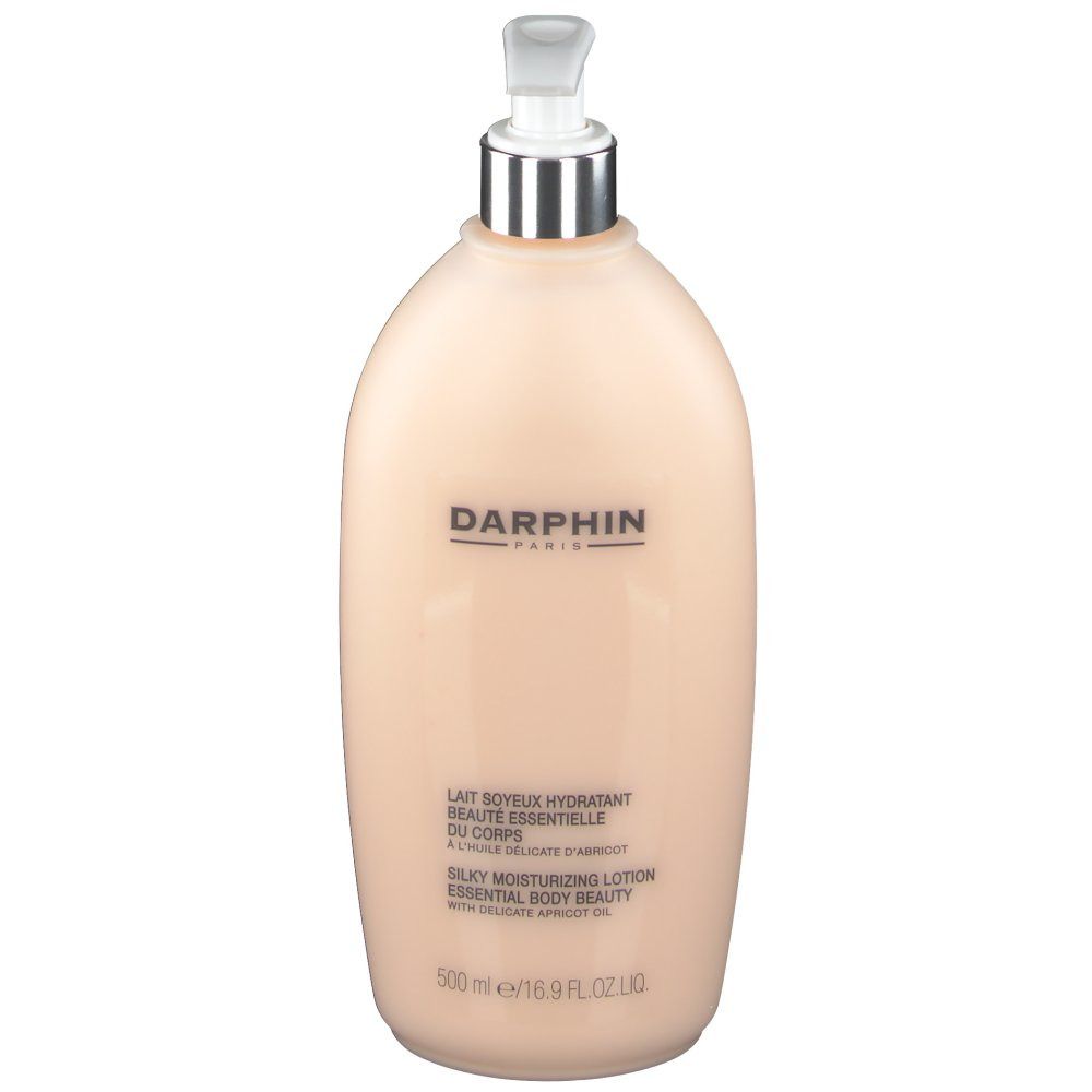 Flacon beige avec pompe. Inscription: DARPHIN PARIS, Silky Moisturizing Lotion, 500 ml.