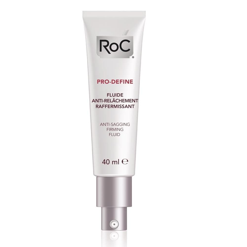 Weiße Tube mit silbernem Verschluss. Aufschrift: RoC, PRO-DEFINE, Anti-Relâchement Raffermissant, Anti-Sagging Firming Fluid. 40 ml.