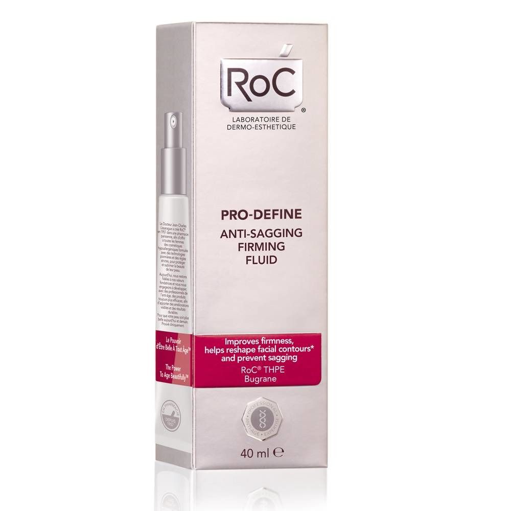 Produktverpackung, weiß mit Produktabbildung und Text. Aufschrift: RoC, PRO-DEFINE, Anti-Sagging Firming Fluid. 40 ml.