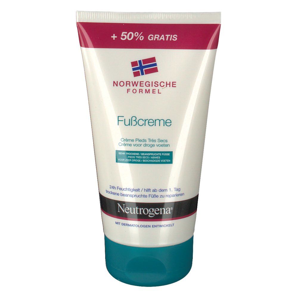 Tube blanc, design rouge et bleu. Inscription: Formule Norvégienne Crème pieds. Contient 50% de plus. Marque: Neutrogena.