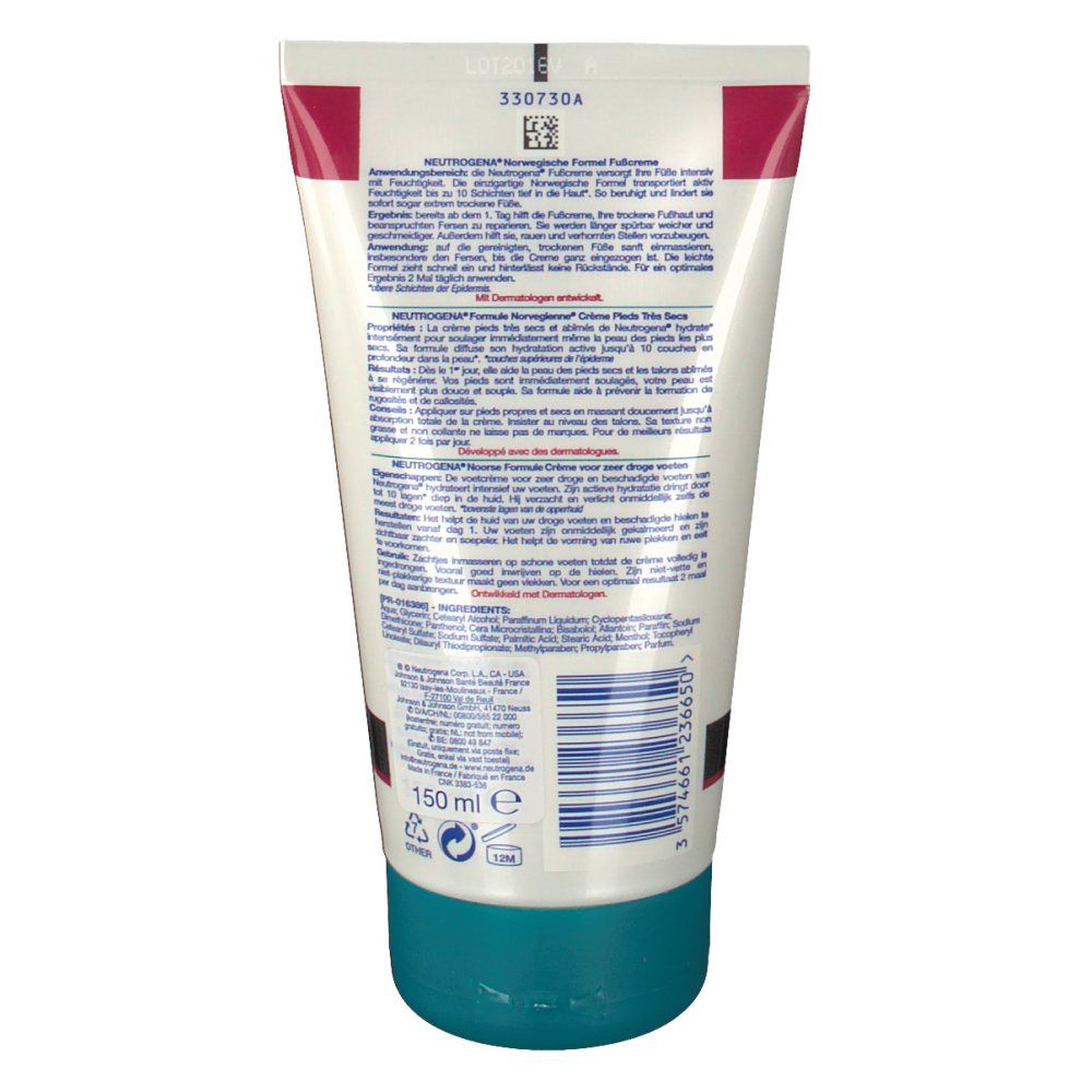 Dos d'un tube. Texte en plusieurs langues. Bouchon turquoise. Marque: Neutrogena. Volume: 150 ml.