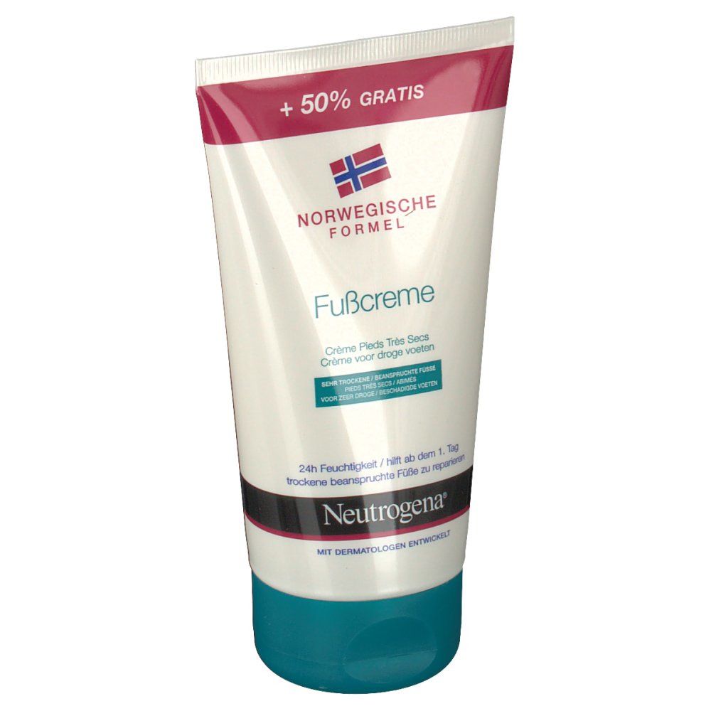 Tube blanc, design rouge et bleu. Inscription: Formule Norvégienne Crème pieds. Contient 50% de plus. Marque: Neutrogena.