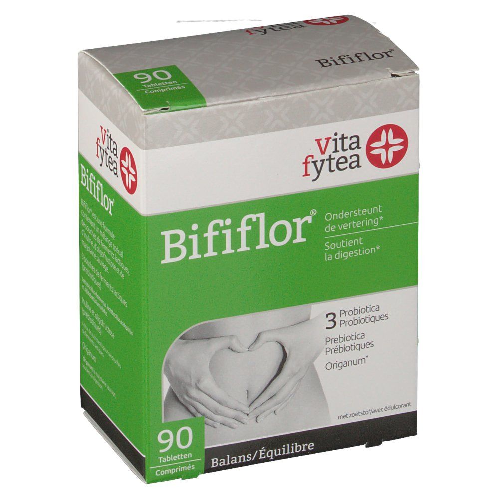 Boîte de Bififlor. 90 comprimés. Logo Vita fytea. Soutient la digestion. 3 probiotiques.