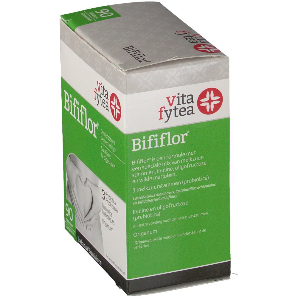 Boîte Bififlor. 90 comprimés. Logo Vita fytea. Contient ferments lactiques, inuline, oligofructose.