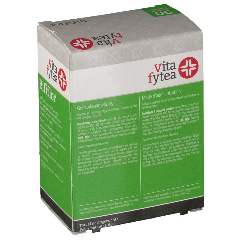 Dos de la boîte Bififlor. Mode d'emploi. Logo Vita fytea. 90 comprimés. Poids net 30g.