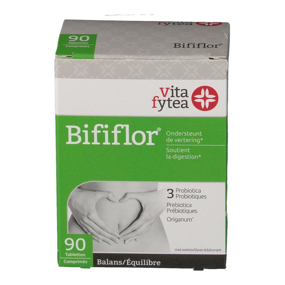 Boîte Bififlor. 90 comprimés. Logo Vita fytea. Soutient la digestion. 3 probiotiques. Balans/Équilibre.