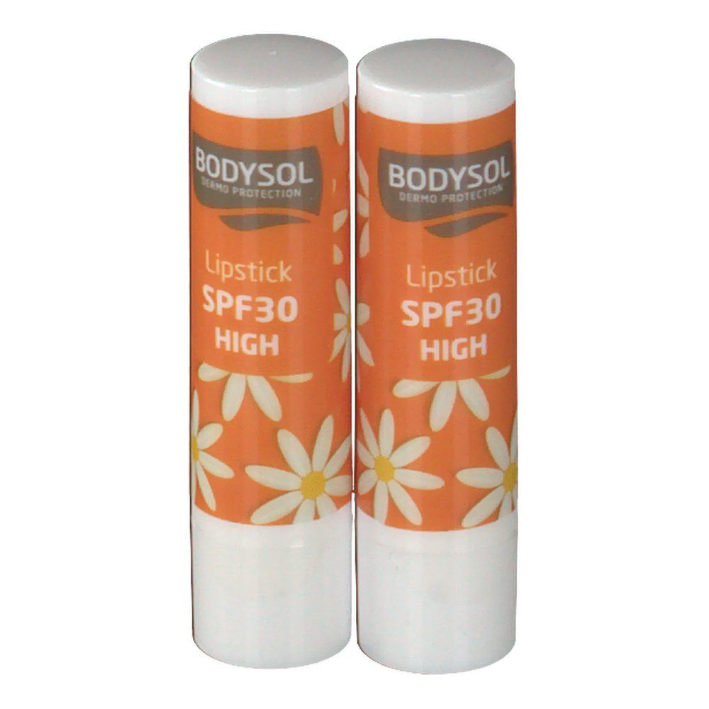 Deux rouges à lèvres blancs et orange. Motif marguerite et texte: Lipstick SPF30 HIGH. Marque: BODYSOL.