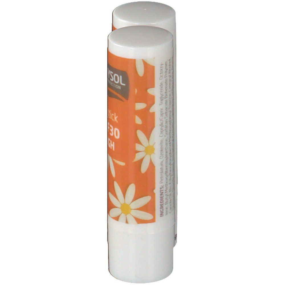 Rouge à lèvres avec capuchon blanc. Étui orange avec motif marguerite et texte: Lipstick SPF30 HIGH. Marque: BODYSOL.