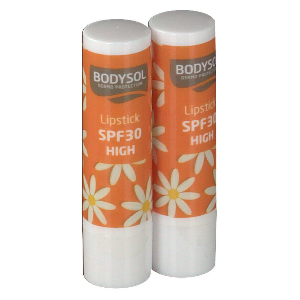 Deux rouges à lèvres blancs et orange. Motif marguerite et texte: Lipstick SPF30 HIGH. Marque: BODYSOL.