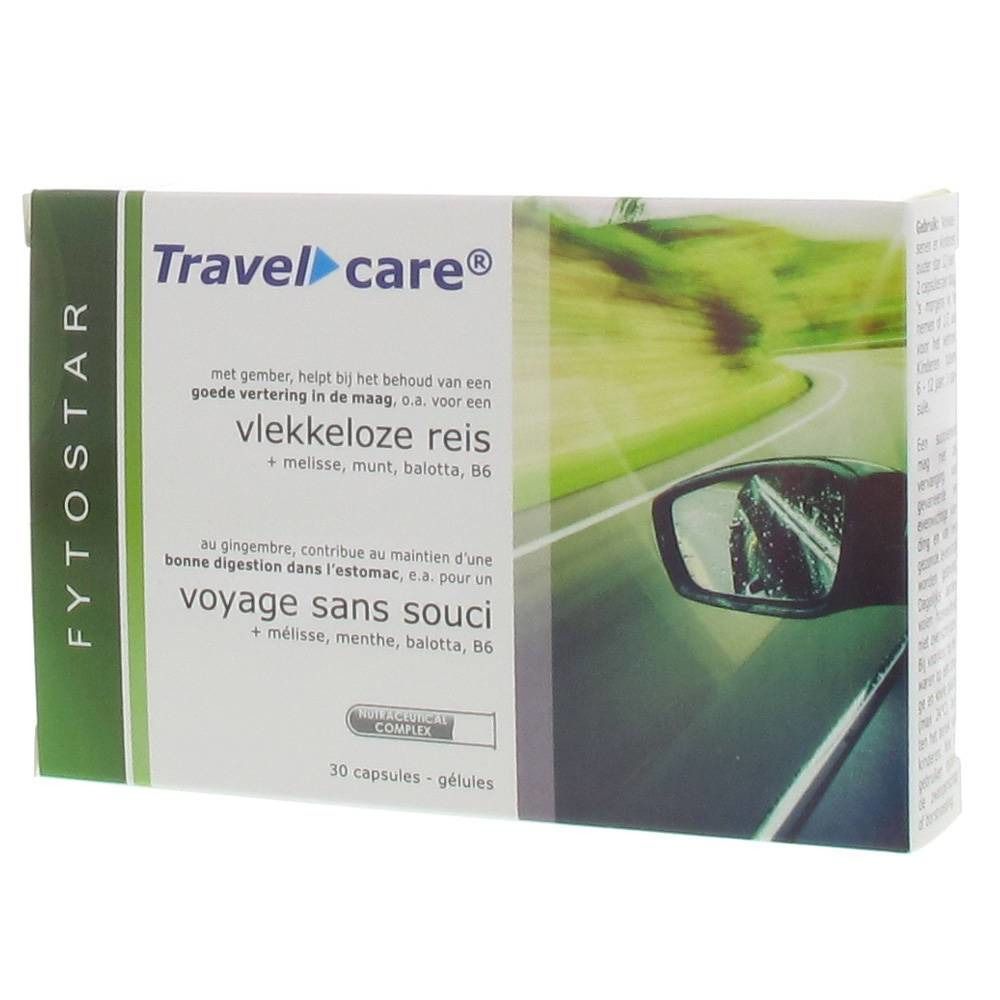 Kartonverpackung mit Produktnamen Travel care®. Text in Niederländisch und Französisch. 30 Kapseln. Marke FYTOSTAR.