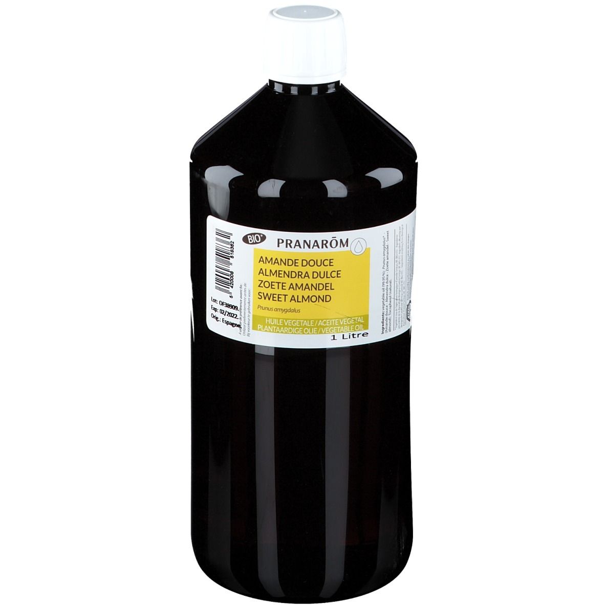 Flacon brun avec bouchon blanc. Étiquette avec nom du produit et ingrédients. 1 litre.