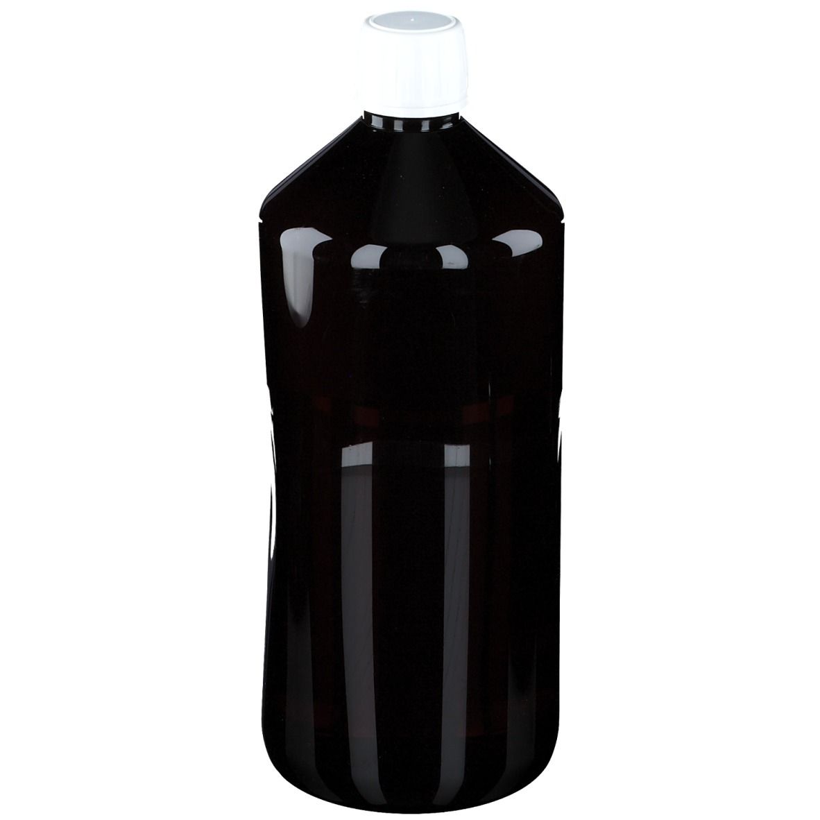 Flacon brun avec bouchon blanc. Flacon debout. Aucune étiquette visible.