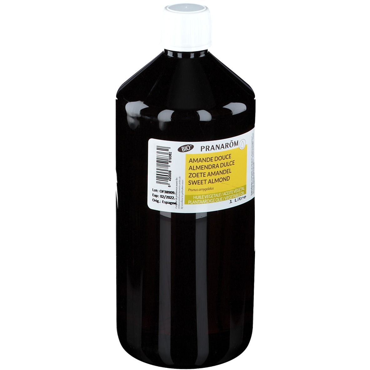 Flacon brun avec bouchon blanc. Étiquette avec nom du produit et ingrédients. 1 litre.