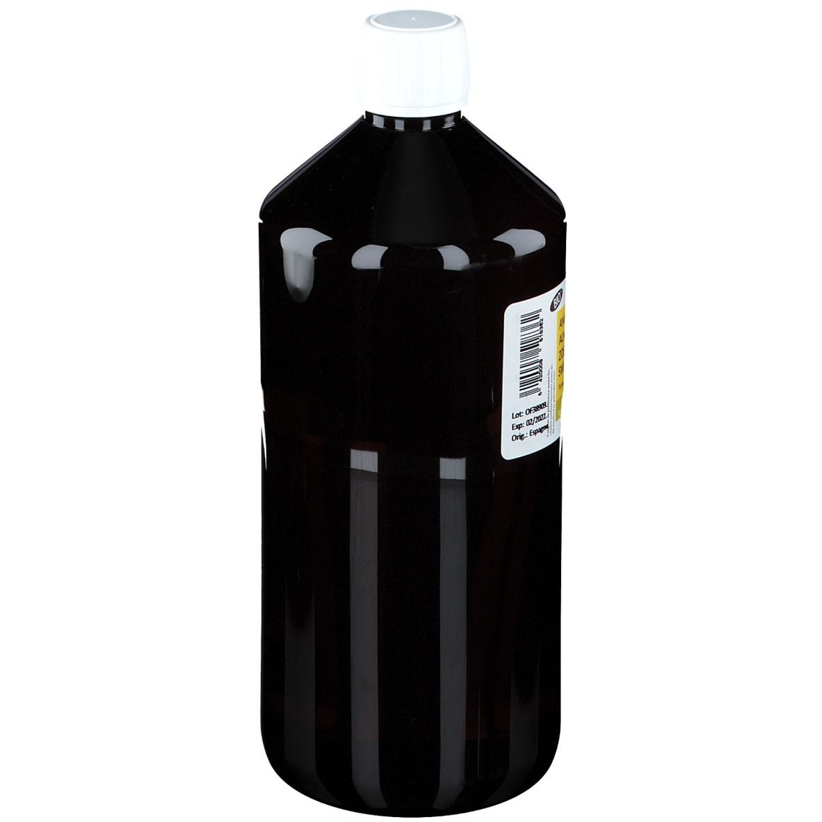 Flacon brun avec bouchon blanc. Étiquette avec informations produit. Flacon debout.