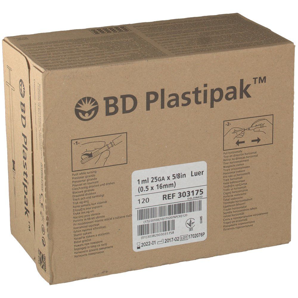 Boîte de BD Plastipak™. Contient 120 seringues. Inscription : 1 ml 25GA x 5/8in Luer (0.5 x 16mm). Référence 303175.