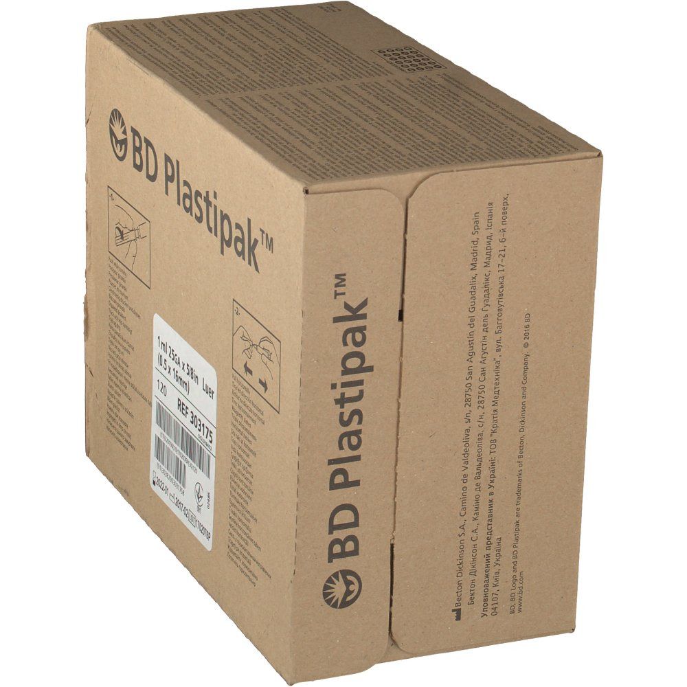 Boîte de BD Plastipak™. Inscription : 1 ml 25GA x 5/8in Luer (0.5 x 16mm). Référence 303175. Emballage du produit.