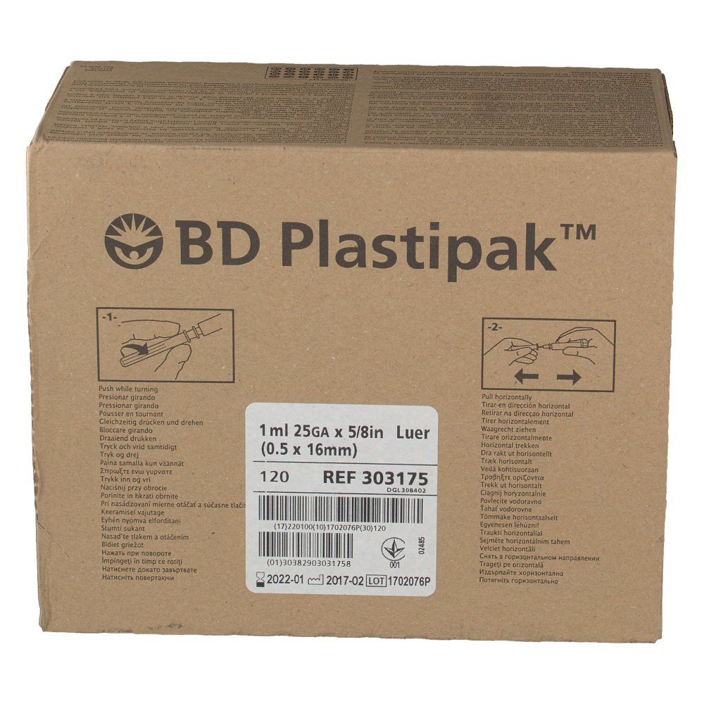 Boîte de BD Plastipak™. Contient 120 seringues. Inscription : 1 ml 25GA x 5/8in Luer (0.5 x 16mm). Référence 303175.