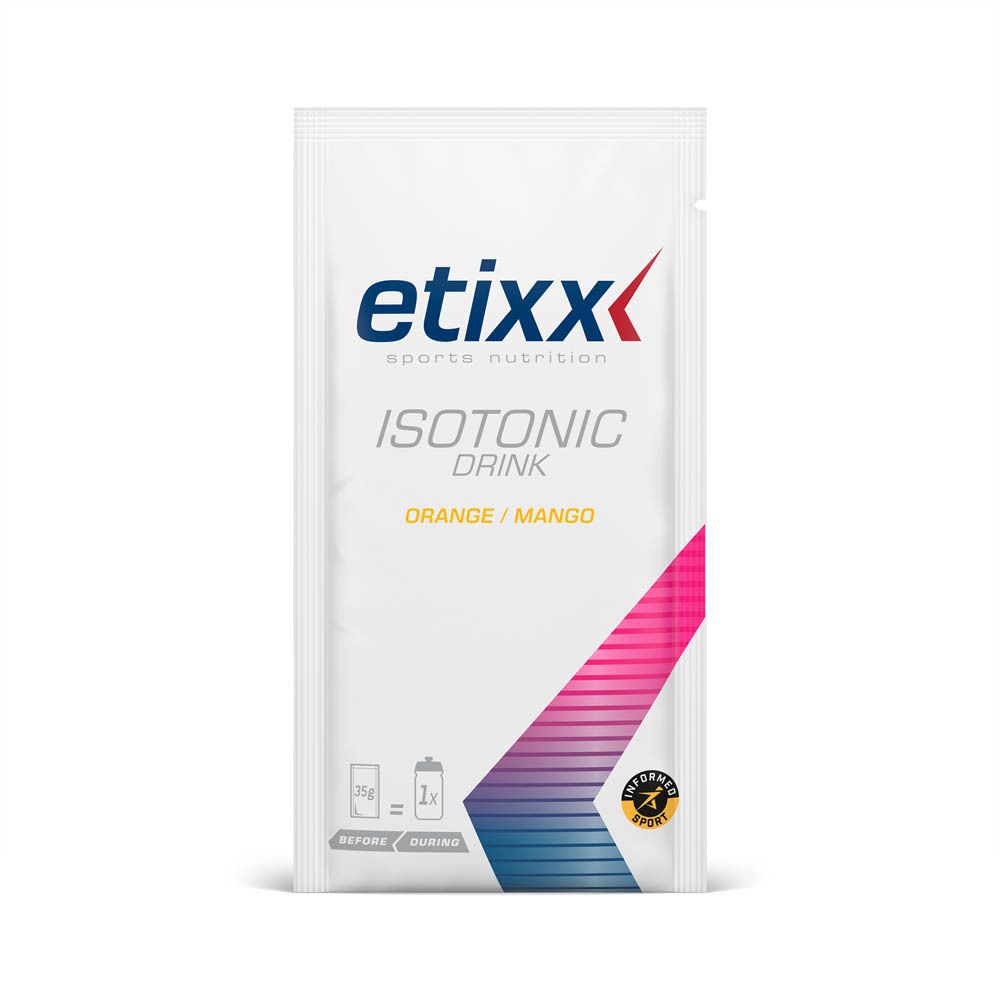 Etixx Isotonic Drink-Beutel. Orange/Mango. Weißer Beutel mit Logo und Produktbezeichnung. Enthält 25g.