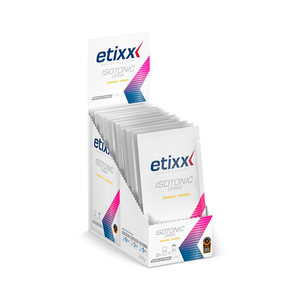 Etixx Isotonic Drink-Beutel in Display-Box. Orange/Mango. Box mit mehreren Beuteln. Logo und Produktbezeichnung sichtbar.