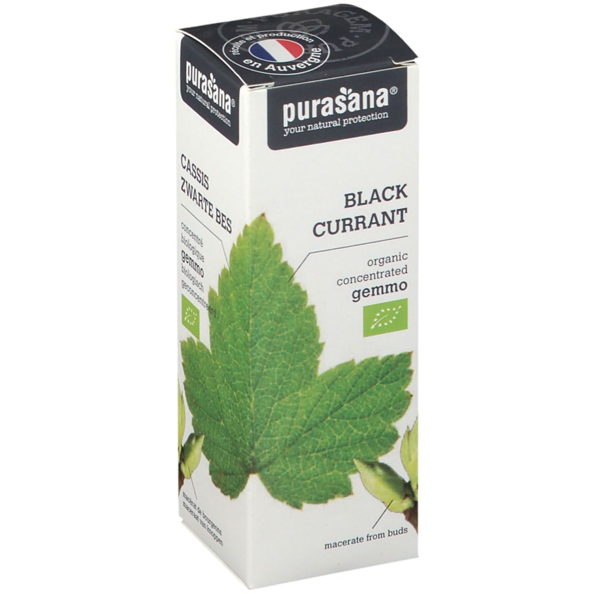 Boîte blanche avec informations produit et feuille. Logo et texte 'purasana' sur le dessus.