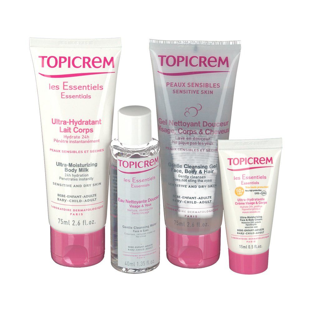 Vier Kosmetikprodukte von Topicrem: Körperlotion, Reinigungsgel, Gesichtscreme und Reinigungswasser. Weiße Tuben mit rosa Akzenten und Schriftzug.