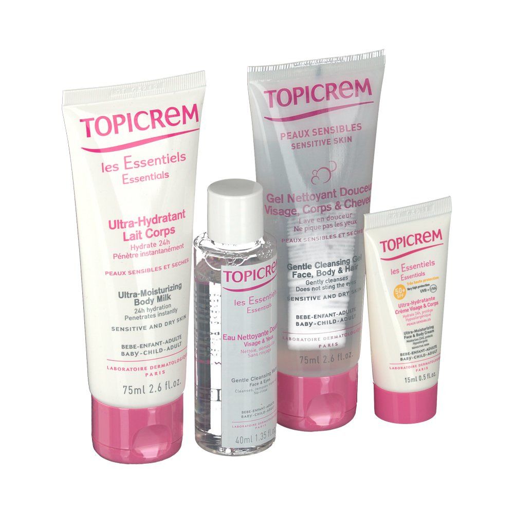 Vier Kosmetikprodukte von Topicrem: Körperlotion, Reinigungsgel, Gesichtscreme und Reinigungswasser. Weiße Tuben mit rosa Akzenten.