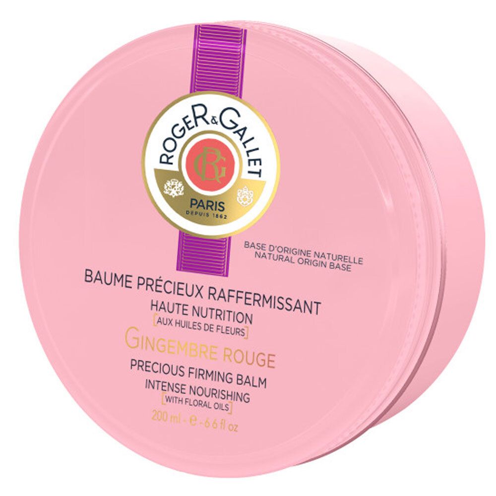 Runder, rosa Tiegel mit Produktinformationen. Logo von Roger & Gallet. Aufschrift: Gingembre Rouge, Precious Firming Balm.