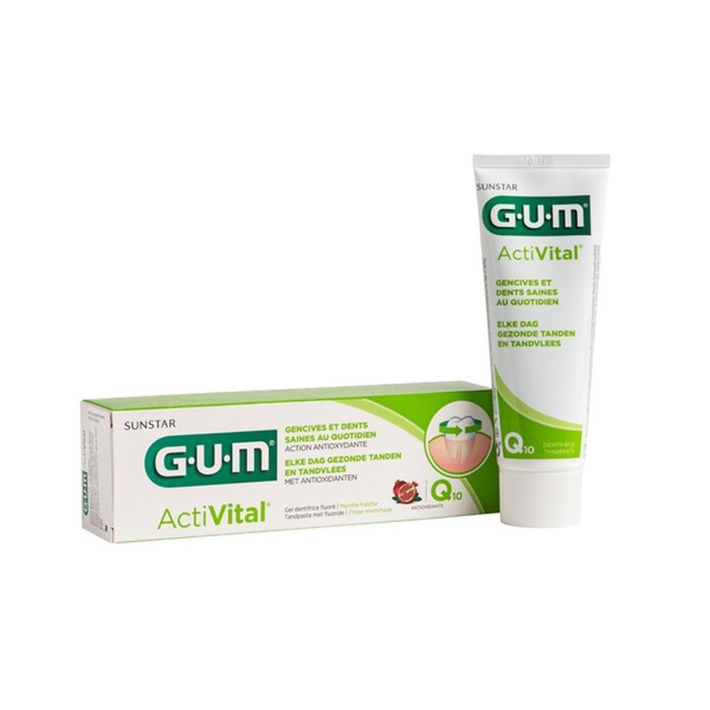 Tube et boîte de dentifrice GUM ActiVital. Blanc et vert. Texte: GUM, ActiVital. Avec Q10.