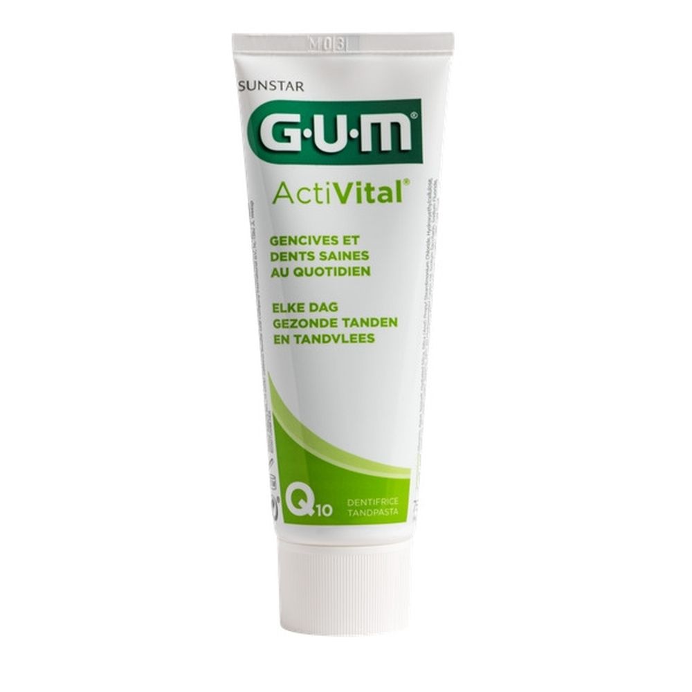 Tube de dentifrice GUM ActiVital. Blanc. Texte: GUM, ActiVital. Pour gencives et dents saines. Avec Q10.