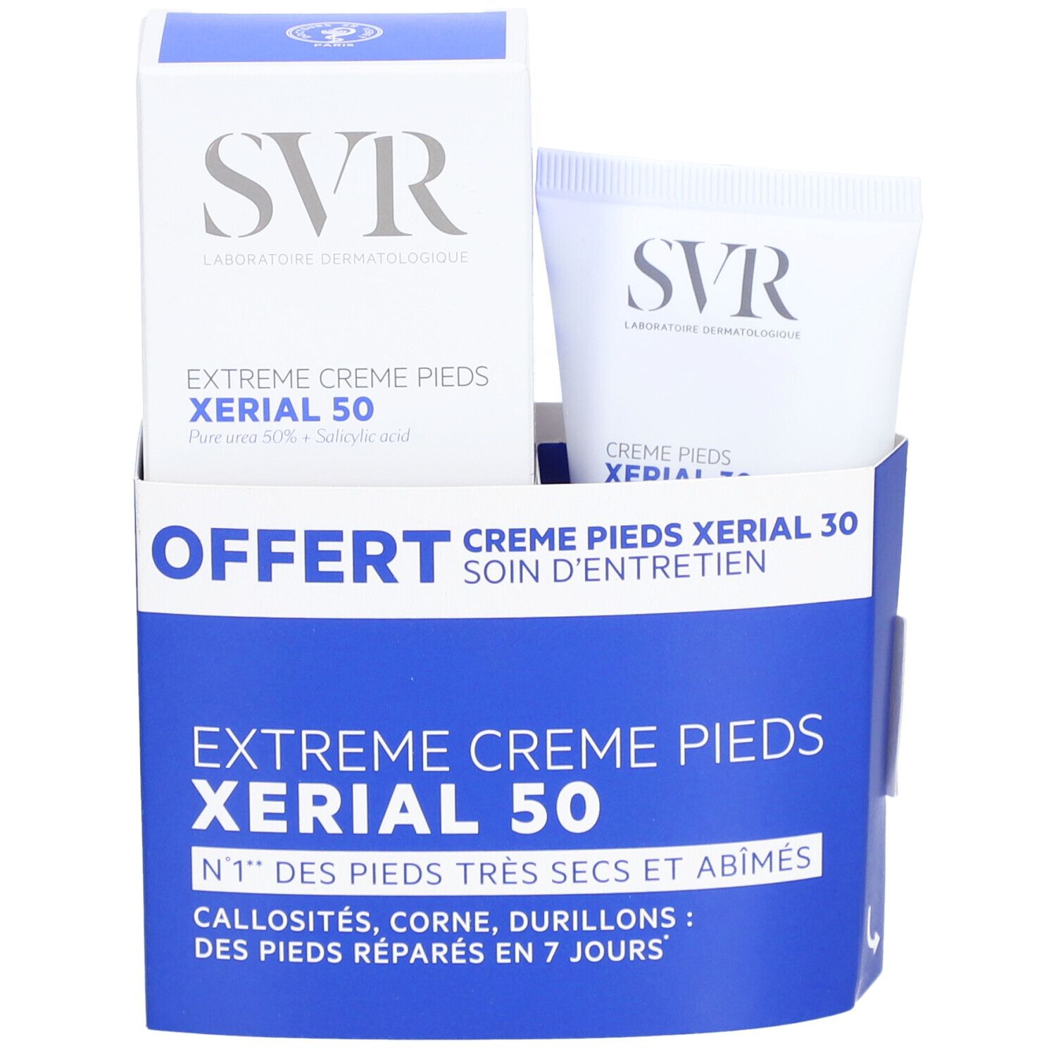 SVR Promopack: Xerial 50 Extreme Fußcreme und Xerial 30 Fußpflege. Vorderansicht.