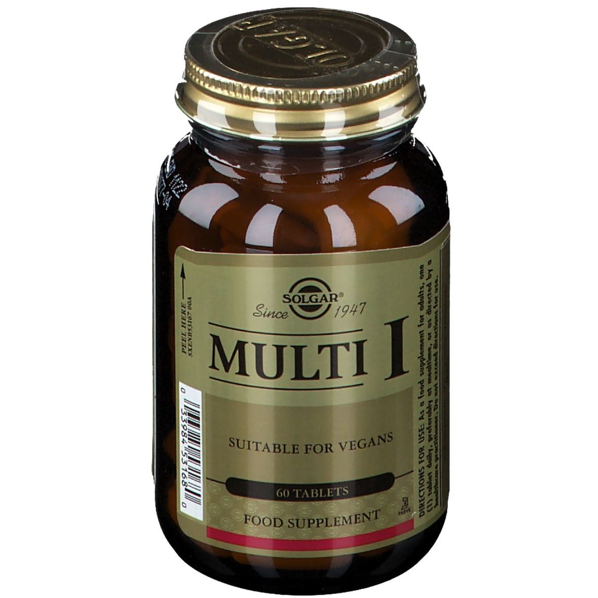 Braune Glasflasche mit goldfarbenem Deckel. Etikett mit "Multi I" und "60 Tablets". Geeignet für Veganer.