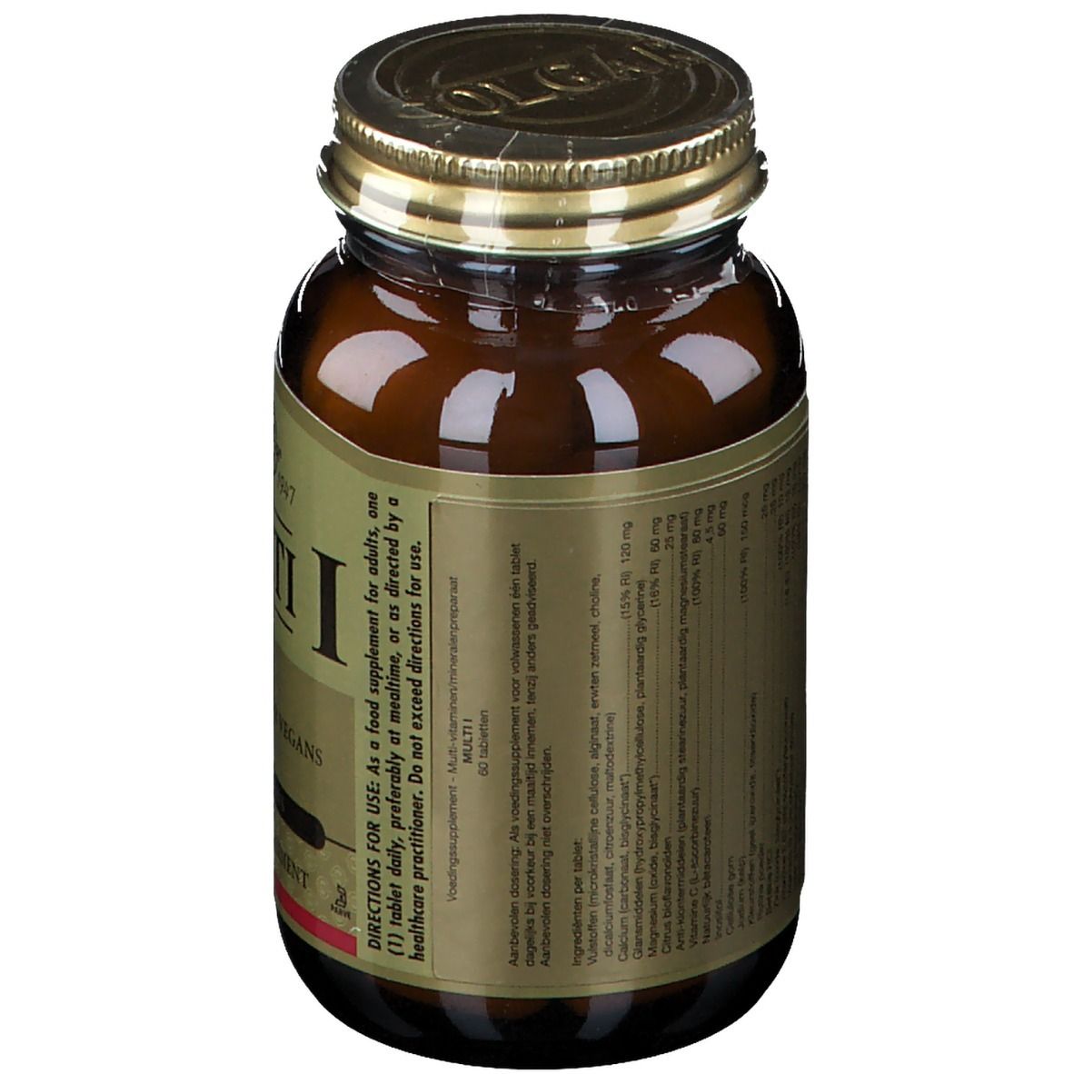 Rückansicht einer braunen Glasflasche. Etikett mit Inhaltsstoffen und Dosierungshinweisen. Goldfarbener Deckel.