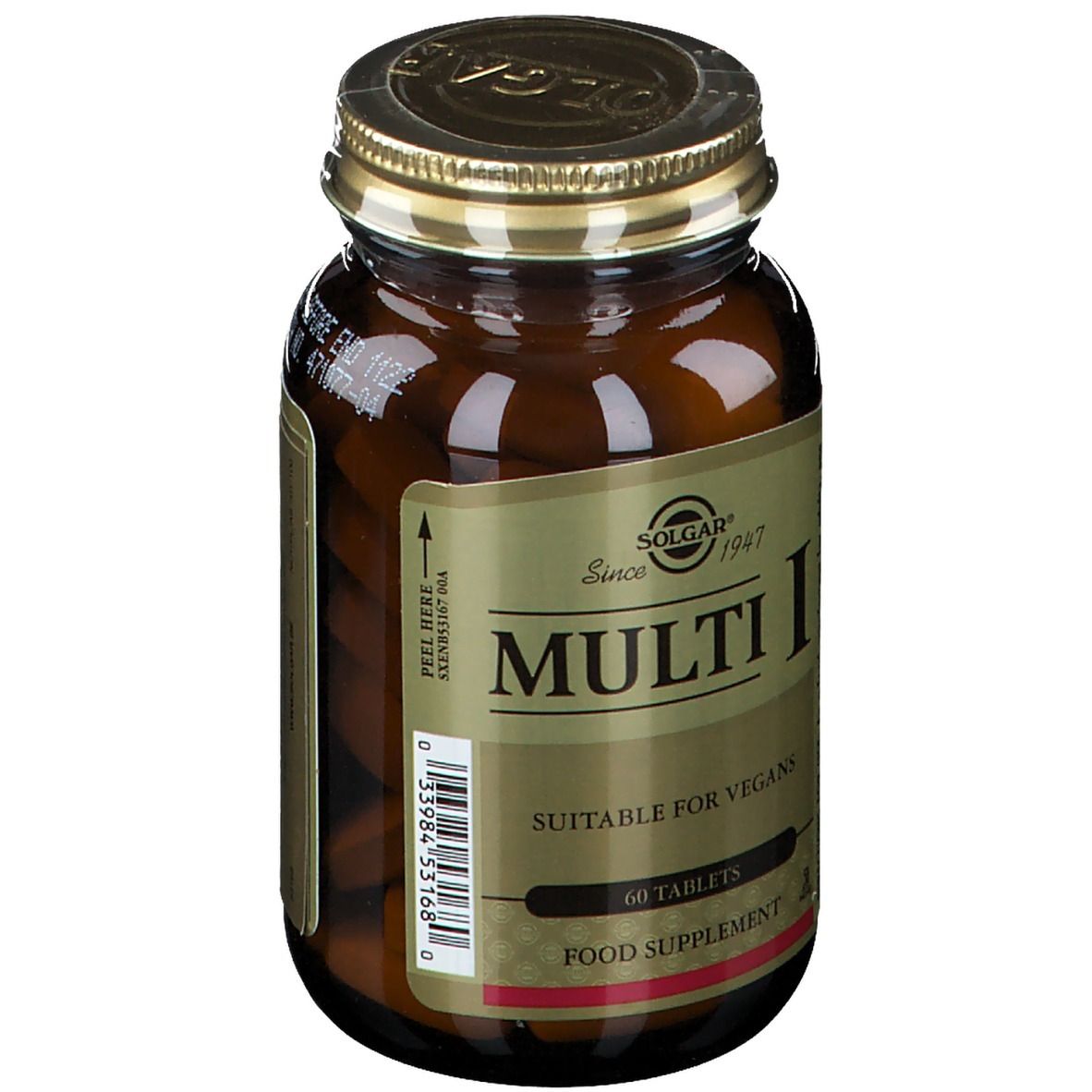 Braune Glasflasche mit goldfarbenem Deckel. Etikett mit "Multi I" und "60 Tablets". Geeignet für Veganer.