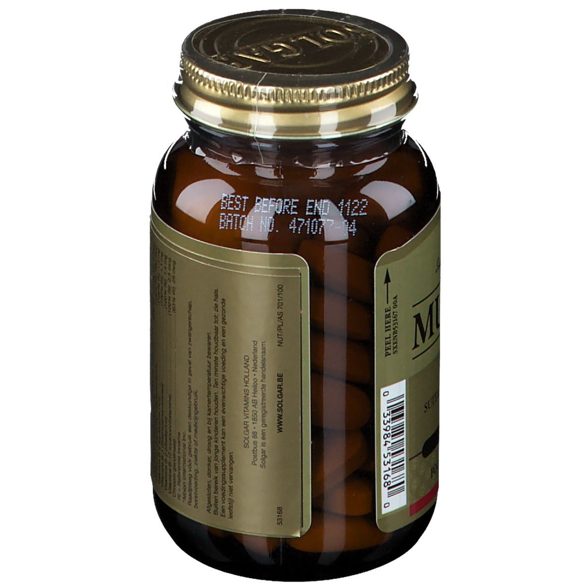 Braune Glasflasche mit goldfarbenem Deckel. Etikett mit "Multi I" und "60 Tablets". Haltbarkeitsdatum.