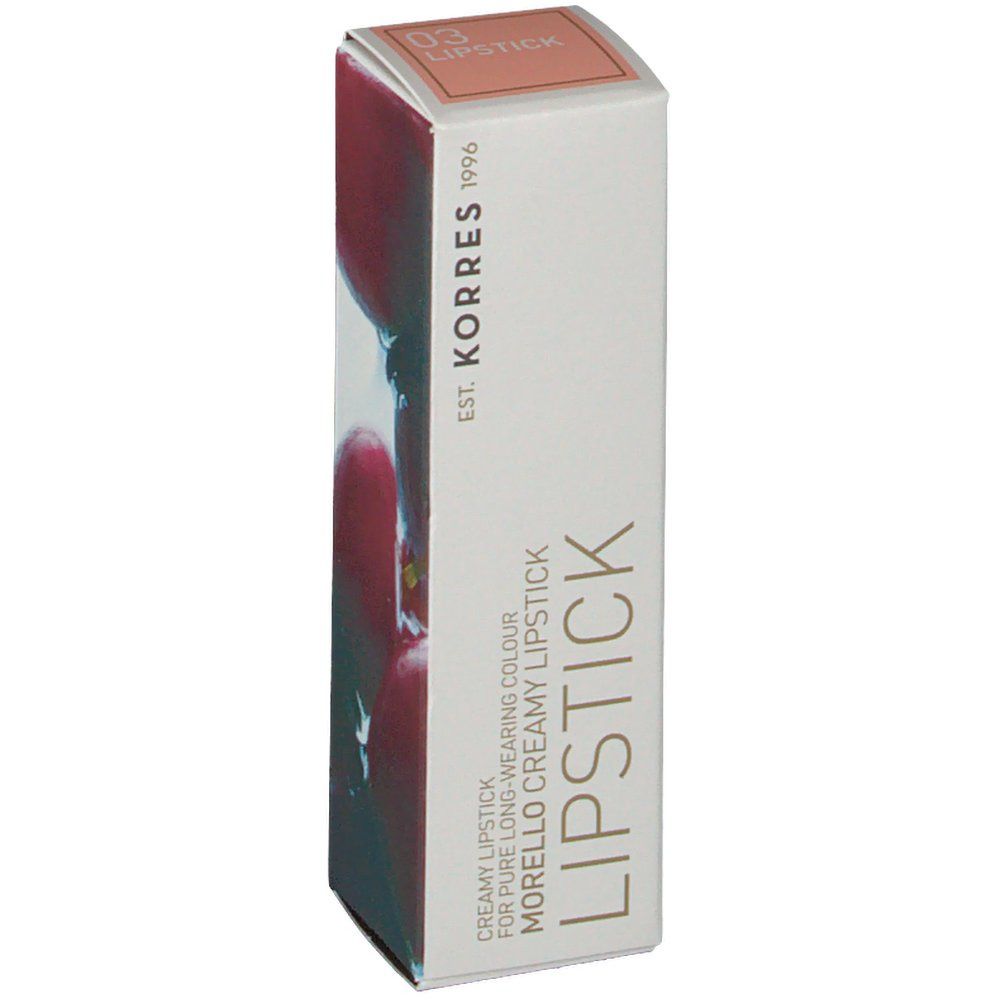 Korres rouge à lèvres 03 en emballage. Boîte blanche avec informations et logo. Couleur beige du rouge à lèvres sur le dessus.