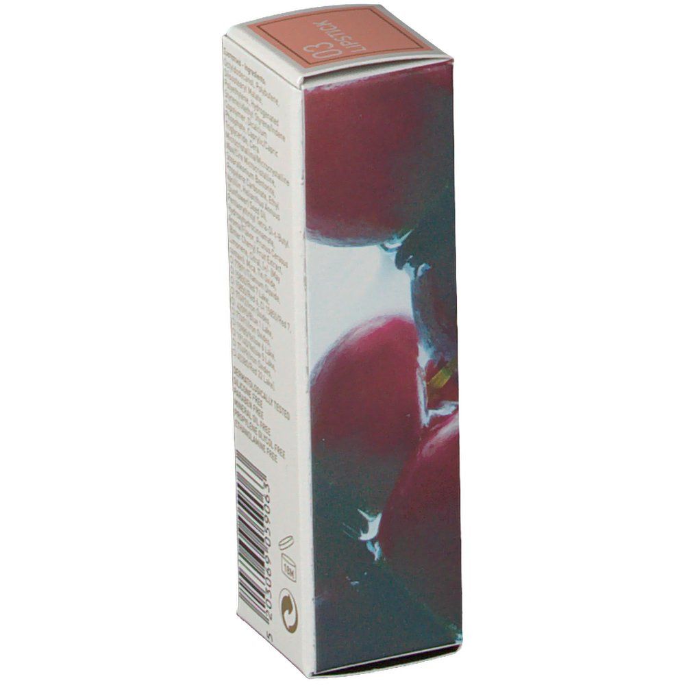 Emballage du rouge à lèvres Korres 03. Boîte blanche avec image du produit et texte. Vue arrière avec code-barres.