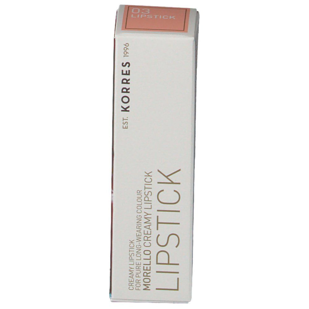 Korres rouge à lèvres 03 en emballage. Boîte blanche avec informations et logo. Couleur beige du rouge à lèvres sur le dessus.
